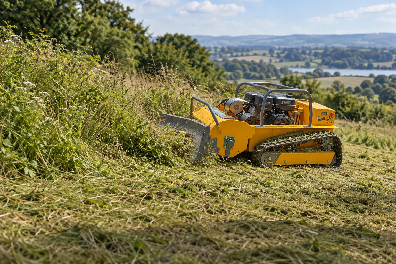 Illustrative remote-controlled mower clearing overgrown grass