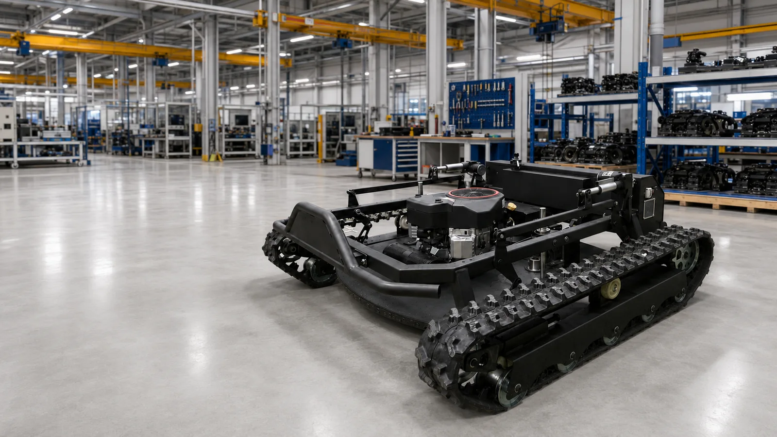 Tracked mower in a manufacturing workshop