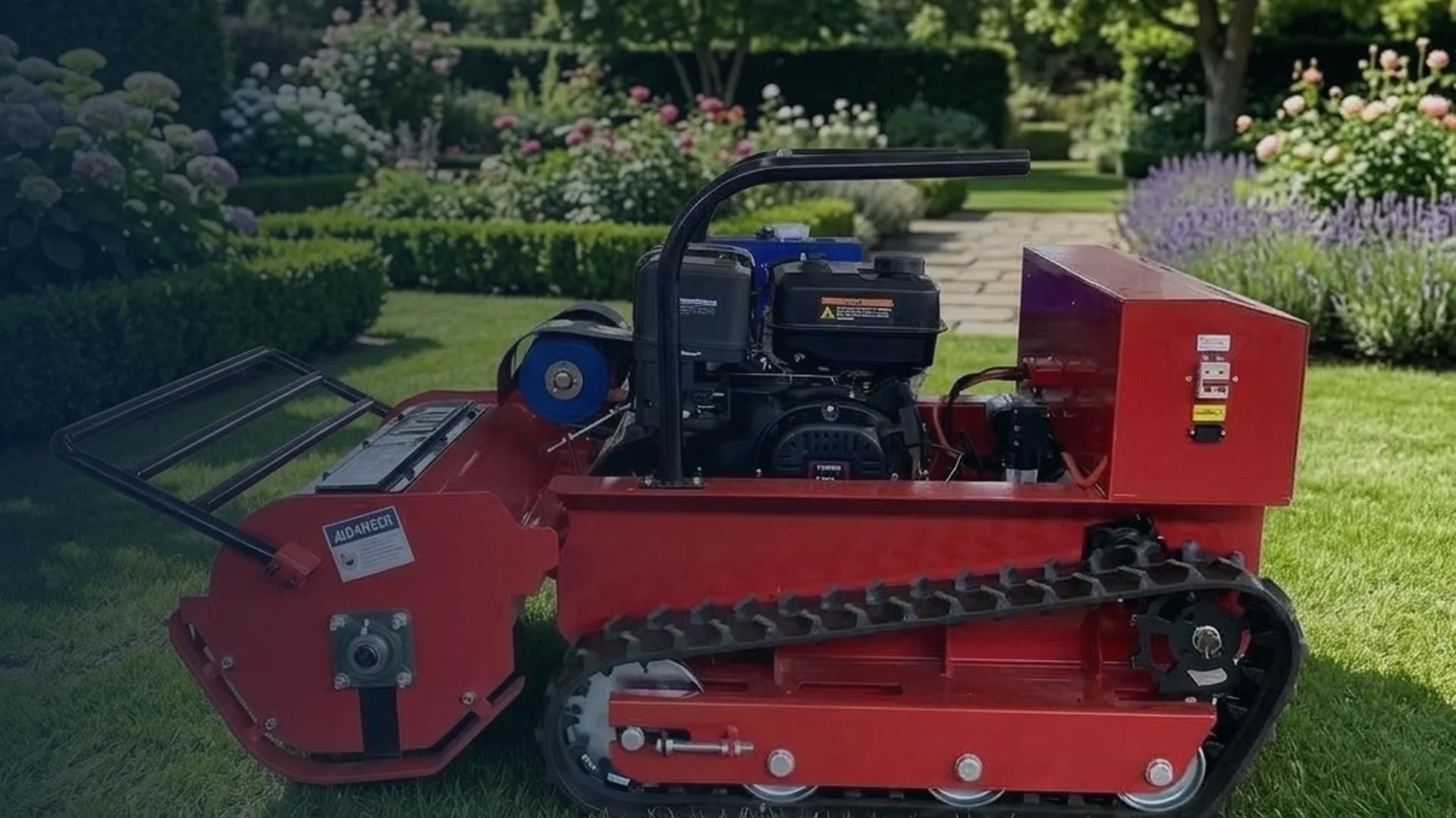 Red tracked flail mower on landscaped grass