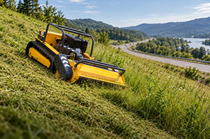 Remote control lawn mower cutting grass on a slope