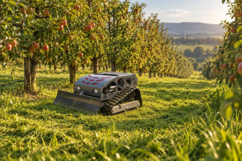 Tracked remote control mower working between orchard trees