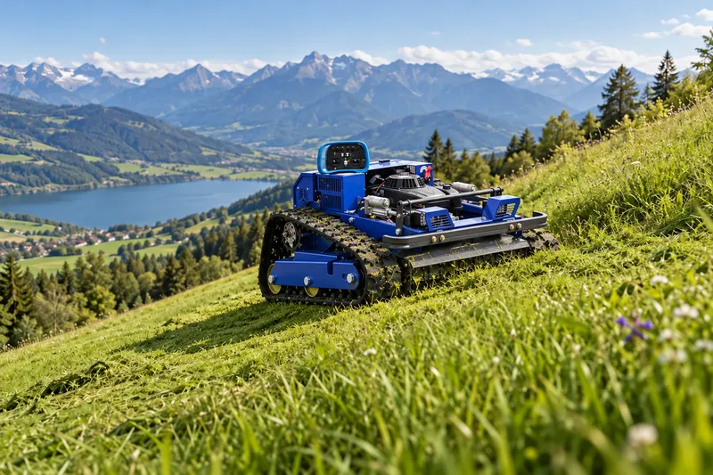 Blue remote control mower working on a steep grassy slope