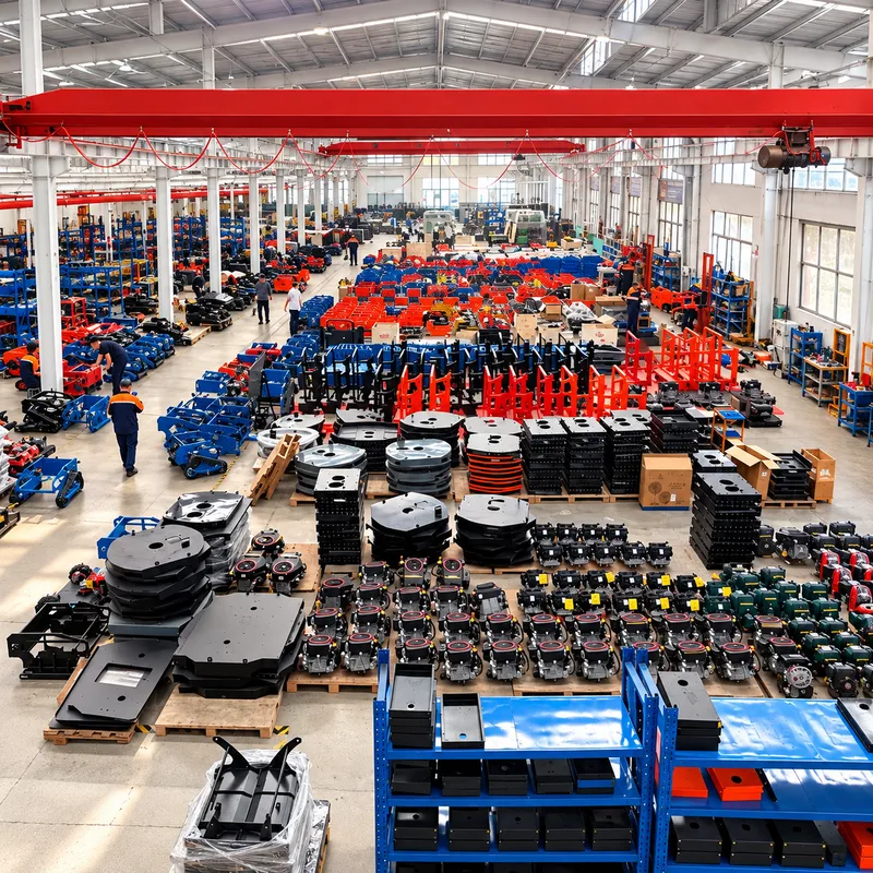 Factory production floor with mower components