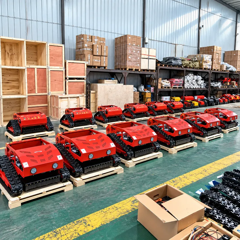 Red tracked mowers arranged on pallets