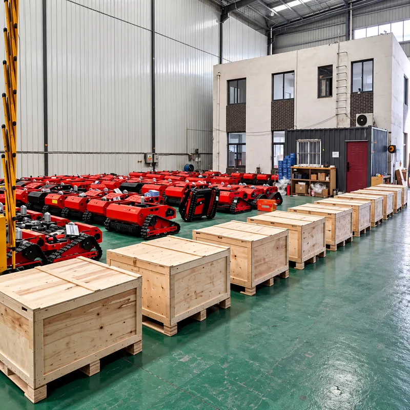 Mowers and wooden crates on the factory floor
