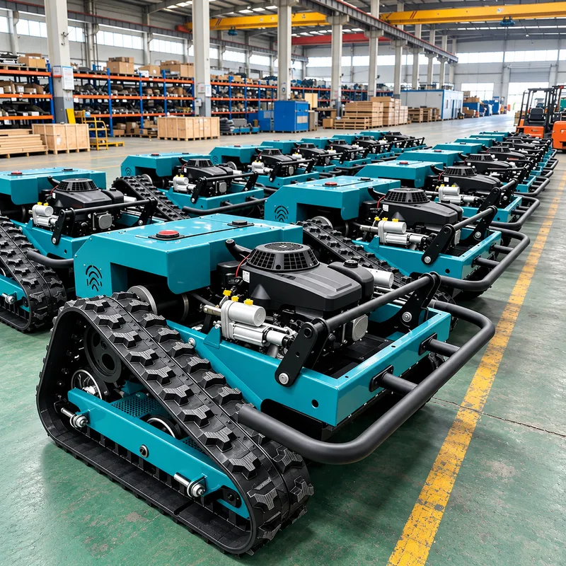 Teal tracked mowers lined up in production
