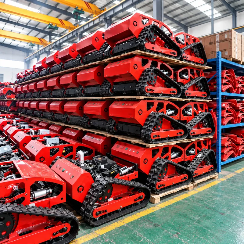 Red tracked mower chassis in storage
