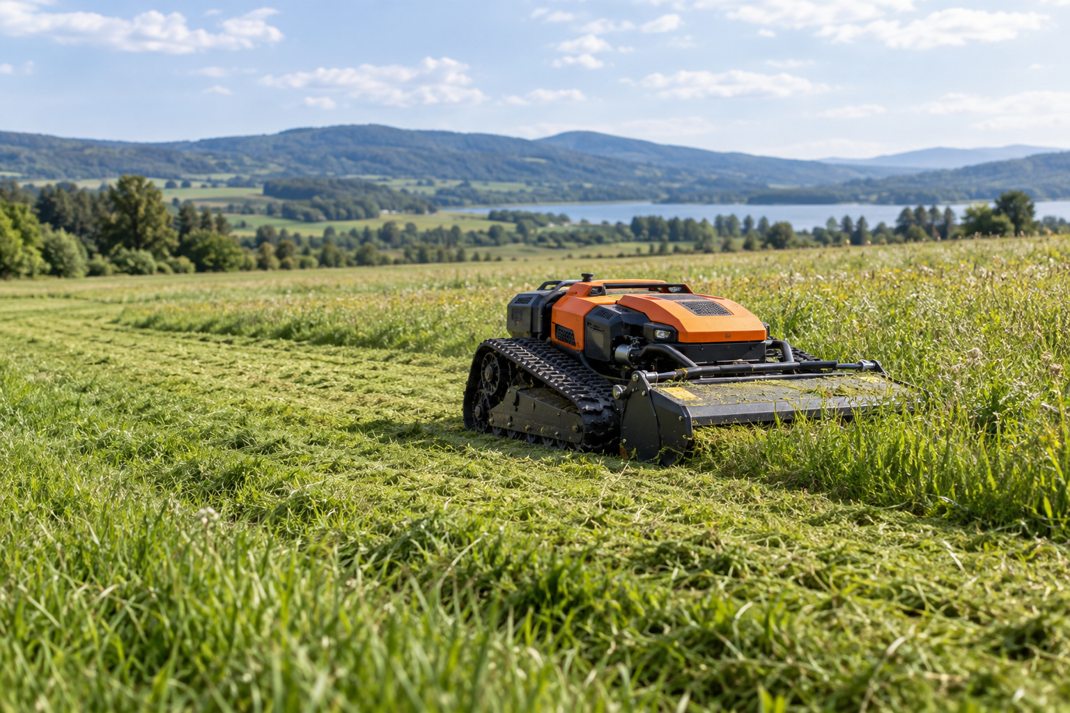 Illustration of a remote control mower working in a field