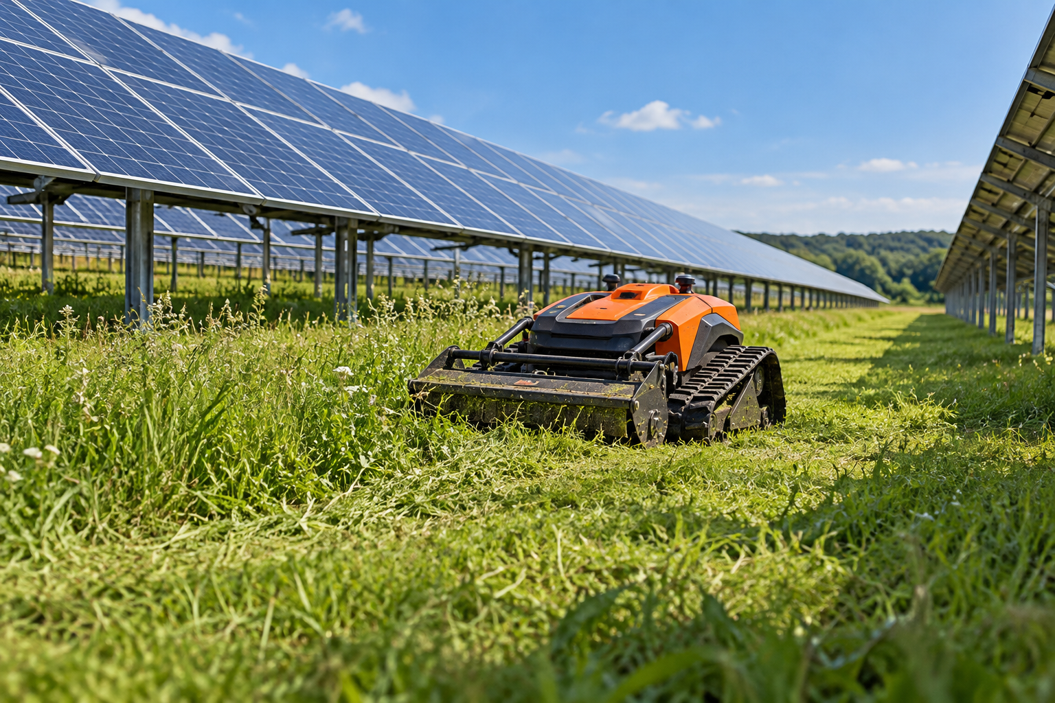 Illustrative remote-controlled mower maintaining grass at a solar farm