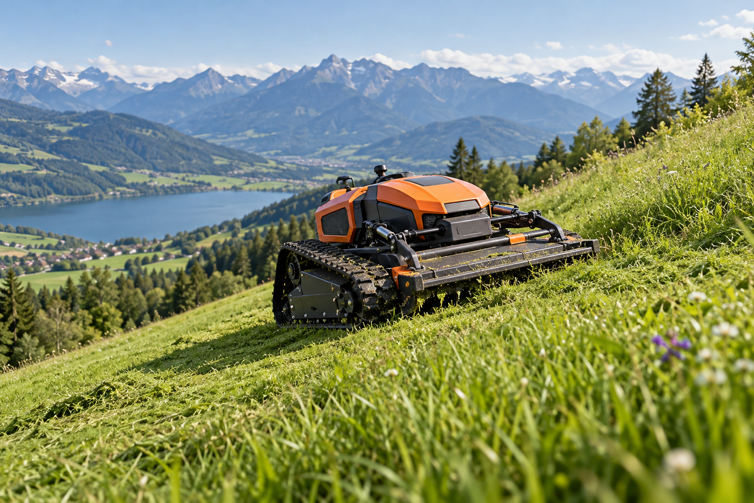 Illustration of a remote control mower on a steep slope