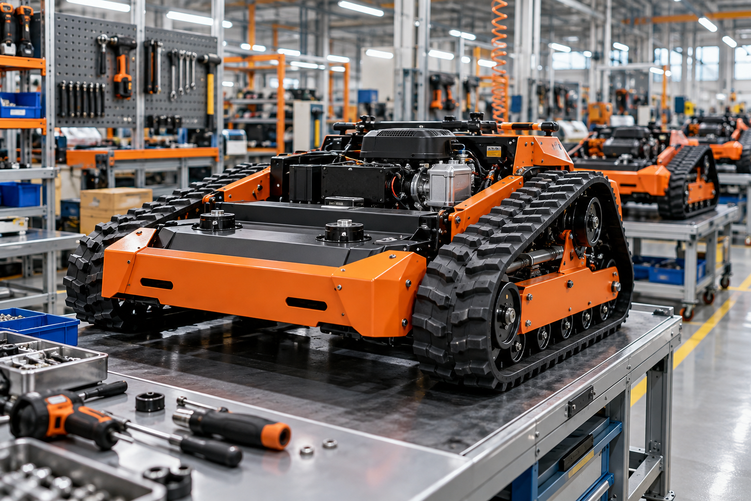 Illustrative manufacturing workshop with remote-controlled mower