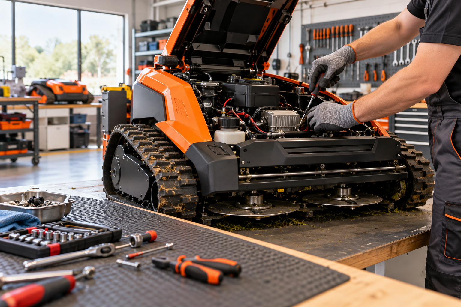 Illustrative technical servicing of a remote-controlled mower