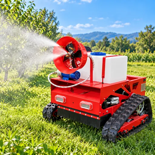 Remote control mower with sprayer attachment operating on grass